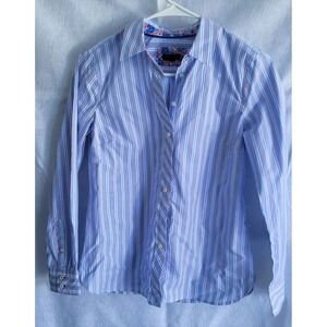 talbots women petite button blouse white blue peachy pink vertical stripe